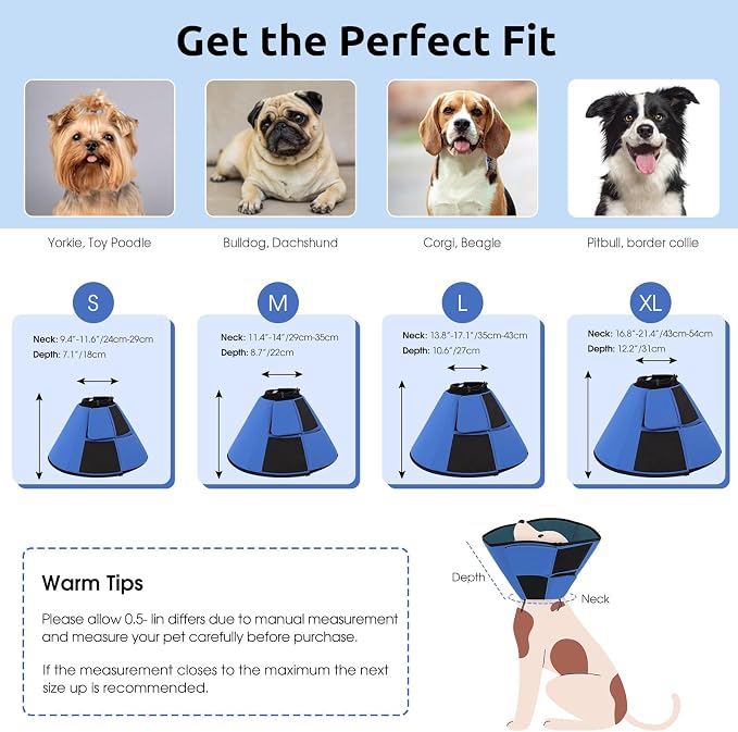 Queenmore Dog Cones for Small Dogs, Soft Dog Cone After Surgery, Adjustable Comfy Cones for Dogs, Comfortable Pet Cone After Surgery for Wound Healing, Blue S