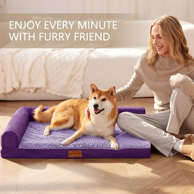 Patas Lague Orthopedic Jumbo Dog Bed for Extra Large Dogs 56''X40'', Waterproof L Bolster Jumbo Pet Sofa Beds with Removable Washable Cover, Soft Pet Couch Crate Mat with Nonskid Bottom, Purple
