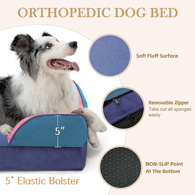 Comfort Expression Orthopedic Dog Bed for Extra Large Dogs 45x35 Inch, Waterproof Egg Crate Foam XL Pet Bed with Bolsters, Dog Couch with Washable Cover & Non-Slip Bottom, Enchanted Cove