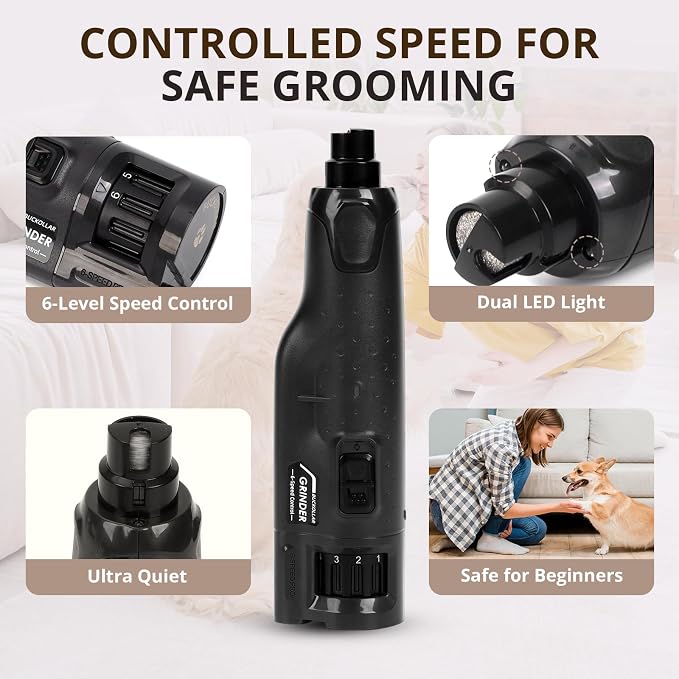 6-Speed Quiet Dog Nail Grinder with LED Light, Low-Vibration Electric Pet Nail Trimmer for Dogs and Cats, Safe Grooming Kit for Beginners, Complete Set with Storage Case
