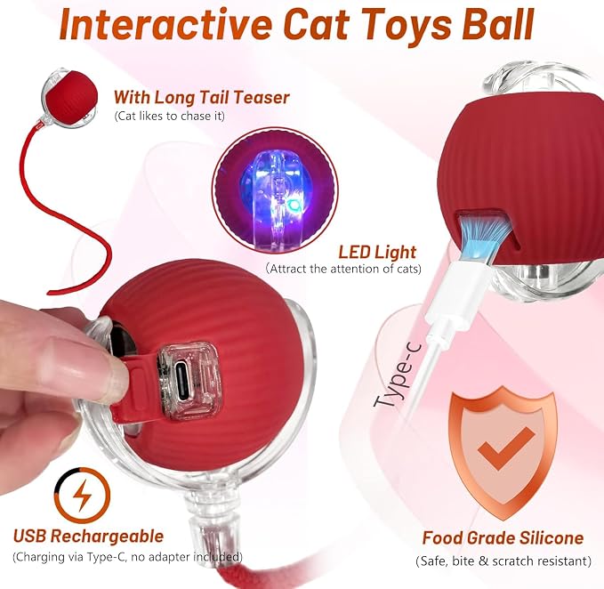 Agile Moving Cat Ball Toy with Rope (Red)
