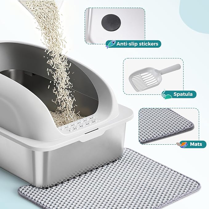 OLIXIS Stainless Steel Cat Litter Box with Lid, Large Cat Litter Box for Big Cats, High Wall Sides, Anti-Urine Leakage, Easy Cleaning, Scoop and Mat Included, Easy Cleaning, Light Gray
