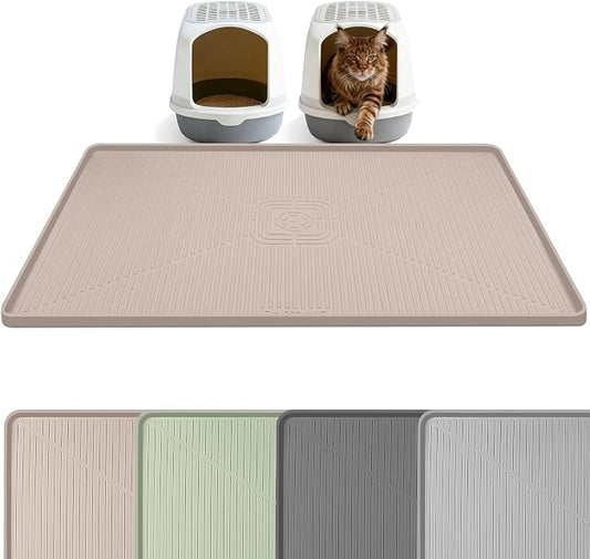 Silicone Cat Litter Mat, 45" x 30" Extra Large Litter Trapping Mat for Litter Box, Leak-Proof, Non-Slip, Kitty Litter Mats with Soft Texture for Floor, Keeping The Floor Clean (Khaki)