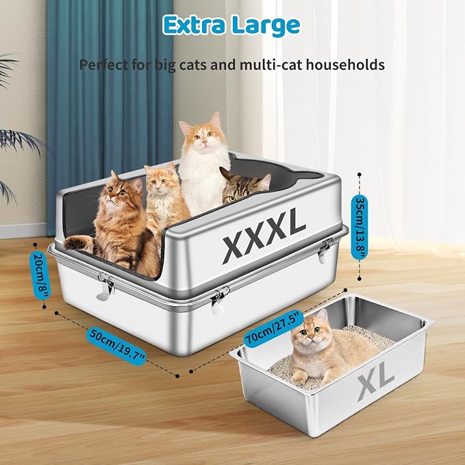 Extra Large Stainless Steel Cat Litter Box, 27.5" L x 19.7" W x 14" H XXXL Semi Enclosed Removable Metal Litter Tray with High Sided Enclosure, Scoop, Anti-Leakage, Non-Sticky, Easy Cleaning