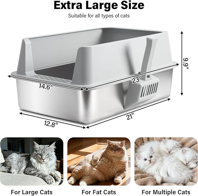 Stainless Steel Cat Litter Box with Lid, Large Metal Litter Box Stainless Steel with Mat & Scoop, Odor-Free/Anti-Leakage & Non-Stick/Easy Clean, High-Sided Litter Box for Multiple Big Cats(XL/Grey)