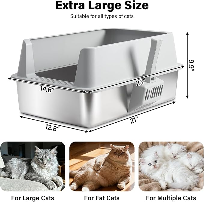 Stainless Steel Cat Litter Box with Lid, 2 Pack XL Metal Litter Box Stainless Steel with Mat & Scoop, Odor-Free/Anti-Leakage & Non-Stick, High-Sided Litter Box for Multiple Big Cats(XL/Grey)
