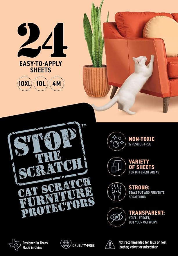 Cat Scratch Deterrent Tape – 24 XL Clear Double-Sided Sticky Sheets to Protect Furniture from Cats – Pet-Safe, Transparent Anti-Scratch Adhesive for Couch, Sofa, Doors & More
