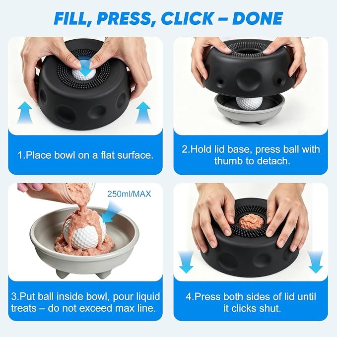 Dog Cat Lick Bowl with Rolling Ball, Slow Feeder Interactive Silicone Bowl with Suction Cup Base, Chew-Resistant for Wet Food & Treats, Easy Clean, 8.5oz/250ml, Black