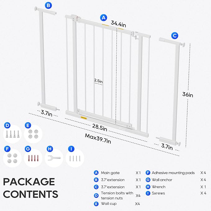 FDW 36” Tall Adjustable Dog Gate for Doorways & Stairs Walk-Through Metal Indoor Safety Gate, Fits 28.5”-39.7” Wide Openings, White