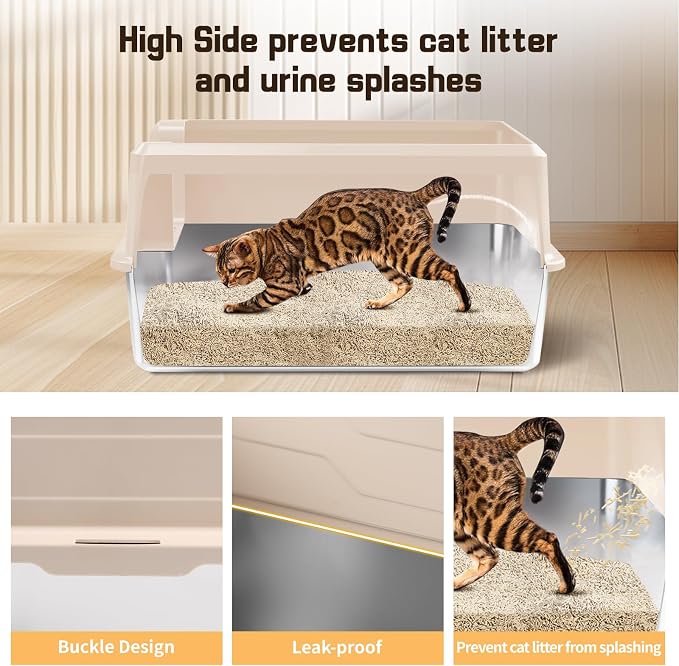 Extra Large Stainless Steel Litter Box, XXXL 27.6" H x 19.7" W x 11.8" H Metal High Sided Cat Litter Box with Scoop, Leak-Proof, Easy Clean for Big Cats/Multiple Cats (Khaki)