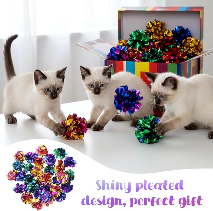 SHENLIU 2.36" Crinkle Balls for Cats, 100 Pcs Colorful Cat Toys Crinkle Ball Interactive Foil Cat Toy Balls for Indoor Kittens to Keep Fit Active