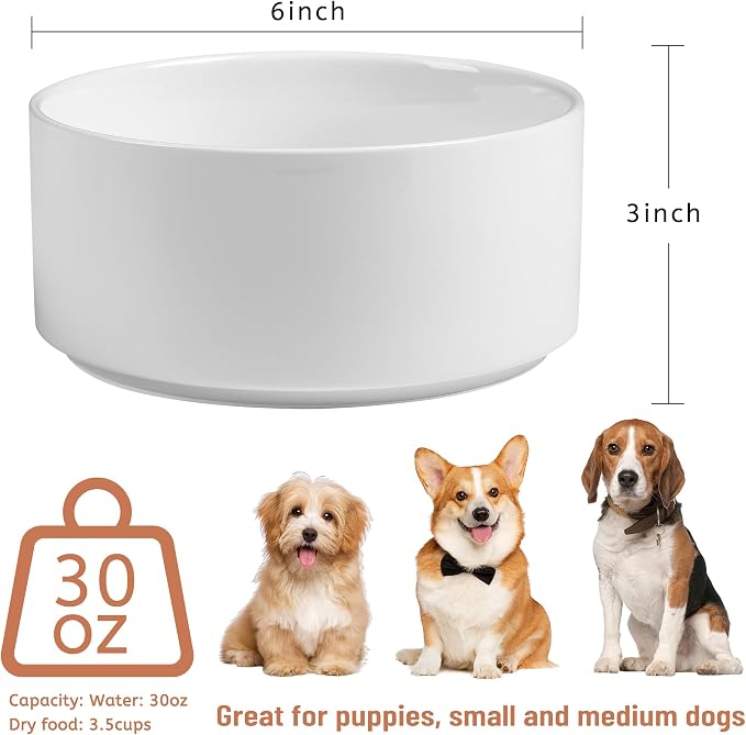 Dog Bowls, Non Slip Ceramic Dog Food and Water Bowl with Silicone Base, Heavy Pet Feeding Bowl for Puppies, Small and Medium Dogs (White+Pink, 6 Inches)