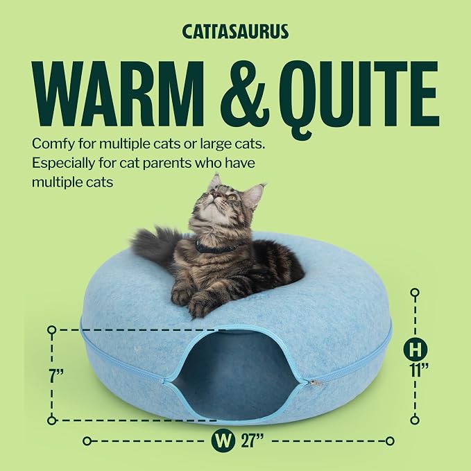 Cattasaurus Peekaboo Cat Cave Donut for Multiple & Large Cats up to 30-45 lbs, 3-in-1 Self Warming Cat Bed, Tunnel & Scratcher for Indoor Cats, Washable & Detachable Small Dog Bed (Blue, Jumbo)