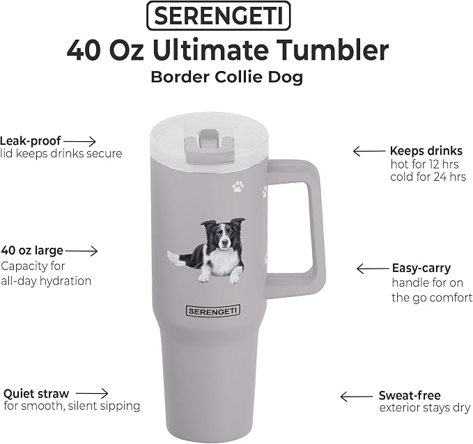 SERENGETI 40 Oz Ultimate Tumbler with Handle and Straw - Vacuum Insulated Tumbler with Straw and Lid - Stainless Steel Travel Mug for Pet Lovers - 3D Designs of your favorite Dog (Border Collie)