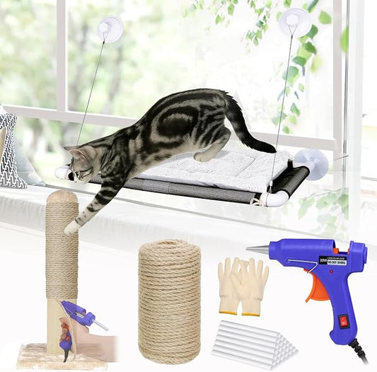 Cat Window Perch, Cat Hammock Window Seat w/Free Fleece Blanket White & 164 FT 4MM Sisal Rope Kits with Hot Glue Gun and Glue Sticks Replacement for Cat Scratching Post Toys Indoor