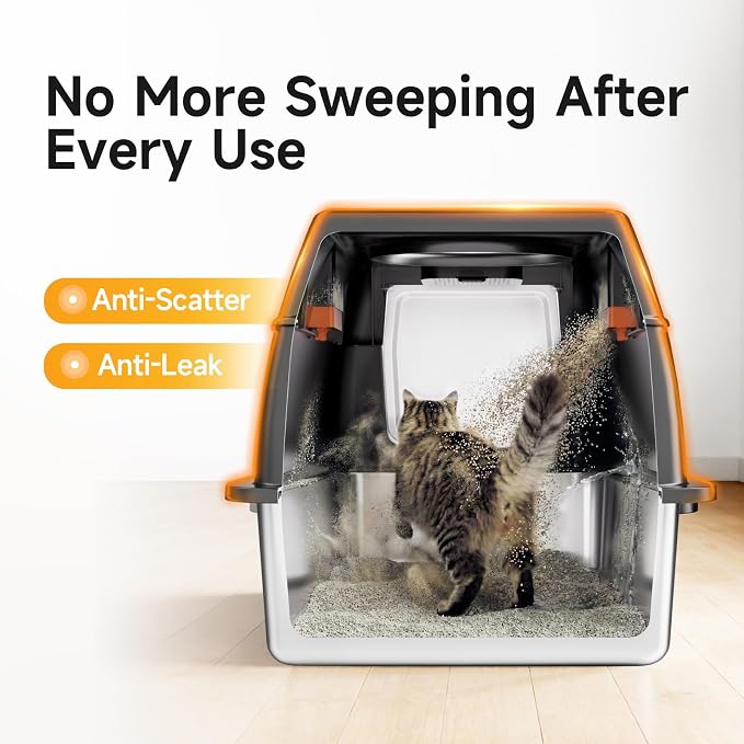 Extra Large Stainless Steel Litter Box with Lid, High Sided Enclosed Metal Cat Litter Pan, Dog Proof Front Entry Top Exit, Odor Control Easy Clean Leak Proof, Includes Scoop & Step, Black