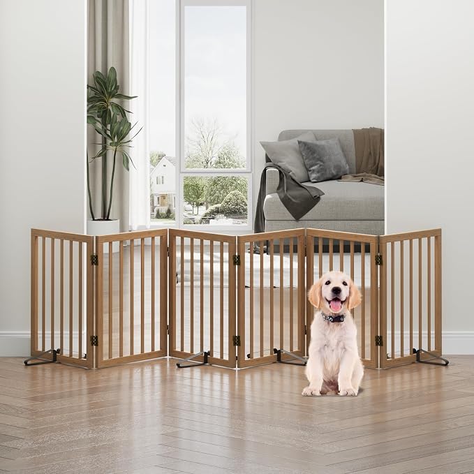 Dog Gates for Doorways, Freestanding Dog Gate Indoor, Foldable Pet Gates for Doorways Bedroom, Puppy Gate with Metal Support Feet, Room Divider 6 Panels (Dark Walnut)
