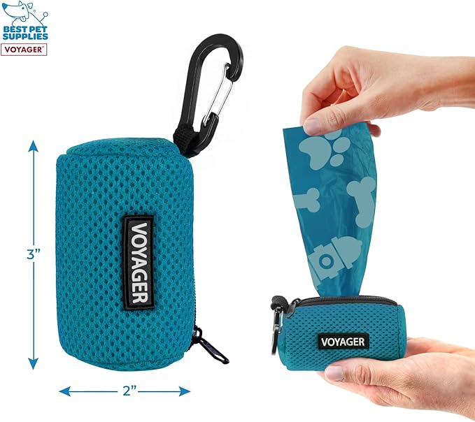 Best Pet Supplies Dog Poop Bag Holder Leash Attachment with 15 Bags, Turquoise, Reusable Mesh Dispenser Pouch for Travel, Walking, Park, and Outdoor Use, Soft and Durable with Clip-On