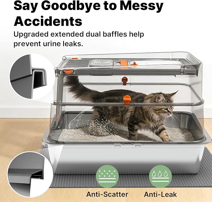Stainless Steel Litter Box with Flip Lid, XL Extra Large Cat Litter Box with High Sided Top Entry Design, Anti-Leakage Enclosed Metal Litterbox for Big Cats, with Handle, Mat, Pedal & Scoop, Dark Grey