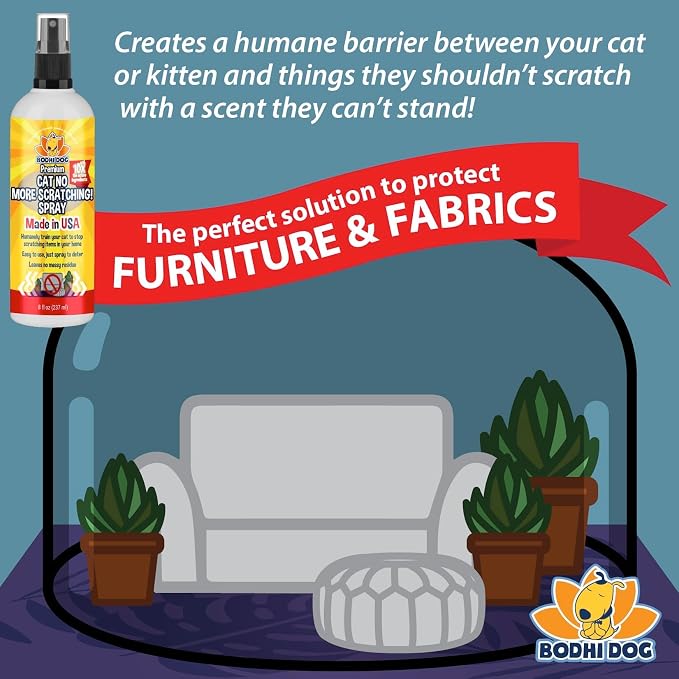 Bodhi Cat No More Scratching! Cat Deterrent Spray, Indoor & Outdoor Repellent w/Essential Oils - Safe & Effective Formula - Prevents Scratches on Furniture, Protects Surfaces - Made in USA (8 Fl Oz)