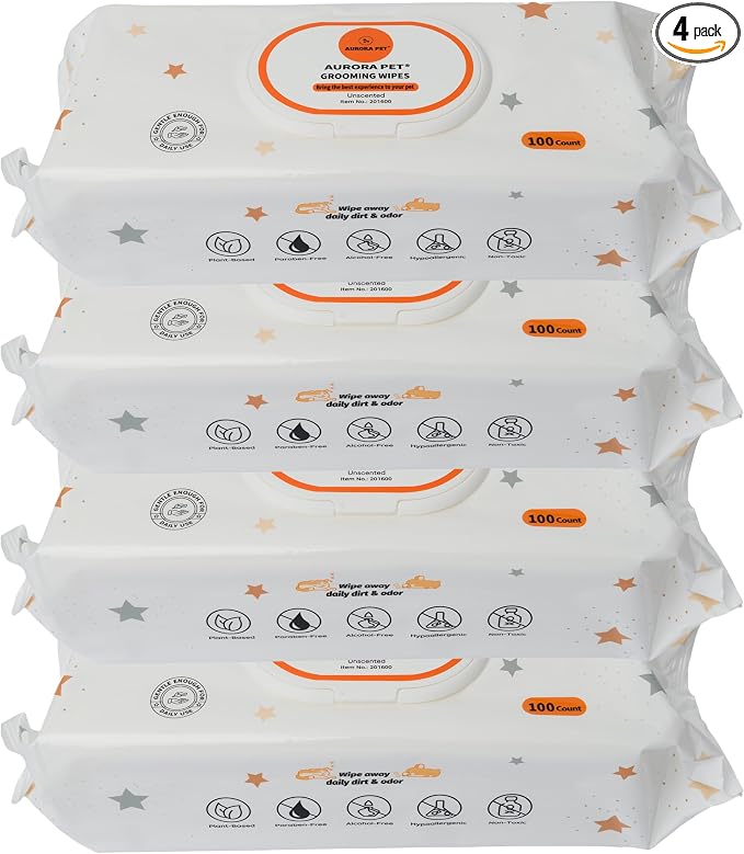 Aurora Pet Grooming Wipes – 400 Extra-Large Wipes for Dogs & Cats | Plant-Based, Hypoallergenic & All-Natural | Alcohol, Paraben & Sulfate-Free | Unscented