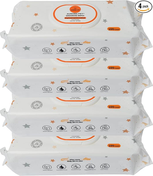Aurora Pet Grooming Wipes – 400 Extra-Large Wipes for Dogs & Cats | Plant-Based, Hypoallergenic & All-Natural | Alcohol, Paraben & Sulfate-Free | Unscented
