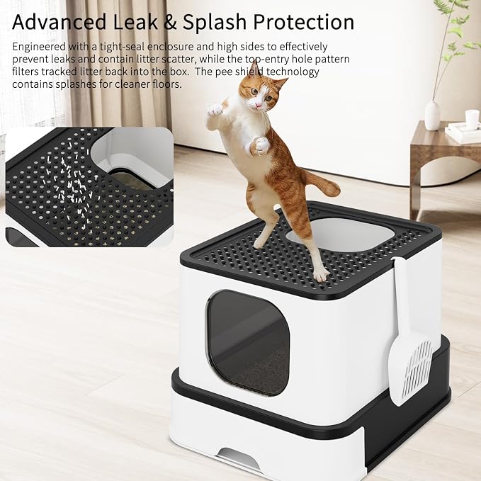 RIZZARI Large Enclosed Stainless Steel Cat Litter Box – Dual-Entry Leakproof Design with Pull-Out Sifting Tray, Easy-Clean Non-Stick Surface & Odor Control for Multi-Cat Homes