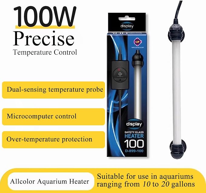 Allcolor Aquarium Heater Quartz Material 6 Safety Protection Suitable for use with 50-80 Gallon Saltwater & Freshwater Fish Tank (100w)