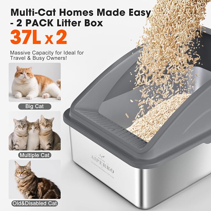AIPERRO 2 Pack Stainless Steel Litter Box | XL Enclosed Cat Litter Boxes with Lid for Big Cats and Multi-Cats | High Sided, Anti-Urine Leakage | Non-Stick Bottom（Multi-Colored）