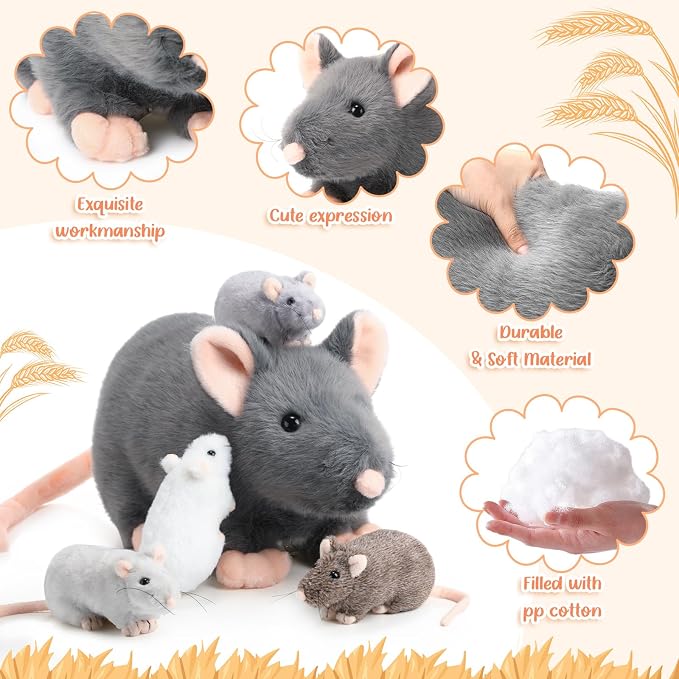 Arrowbash 5 Pcs Mouse Stuffed Animals Set - 14'' Large Mommy Rat Plush with 4 Small Mouse Babies in Zippered Tummy Stuffed Rat Plush Toys for Kids Girls Boys Valentine Birthday Gift(Cute Style)
