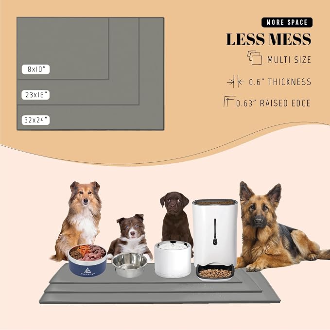 AVERYDAY 100% Waterproof Thicker Silicone Dog Food Mat, 0.63'' Raised Edge Bowl Mat for Food & Water, Non Slip Pet Feeding Placemat for Messy Drinkers, Perfect for Large Medium Small Breeds, 18"x10"