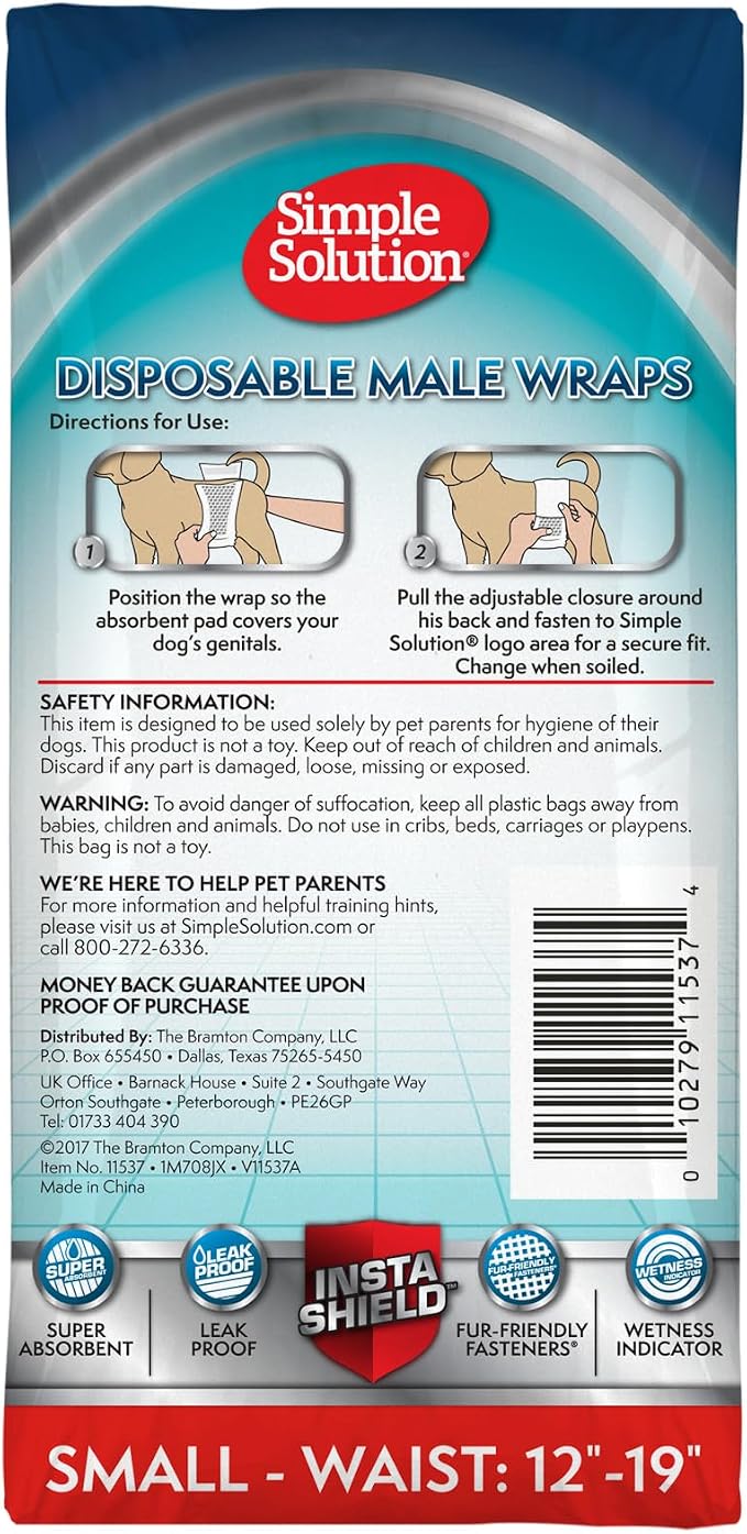 Simple Solution Disposable Dog Diapers, Wraps for Male Dogs, Puppy Diaper, Potty Training, Puppy Essential, Absorbent, Wetness Indicator, For Small Pets, 12 – 19 Inch Waist (S,12 Count)