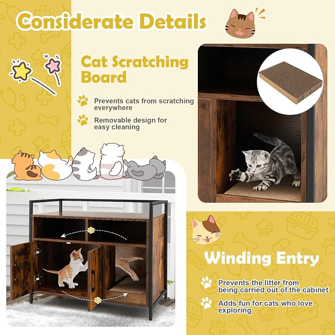 Tangkula Litter Box Enclosure, Cat Litter Box Furniture Hidden w/Metal Frame, Scratching Board, Storage Compartment, Wooden Cat Washroom, Indoor Cat House Side Table, Cat Box Cabinet (Rustic Brown)