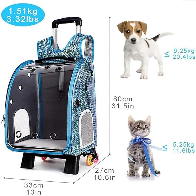 Pet Travel Rolling Carrier Backpack with Removable Wheels,Portable Foldable Breathable Airline Approved Hiking Soft-Sided Carrying Bag Trolley for Small Dogs And Cats with Mesh Ventilation Windows