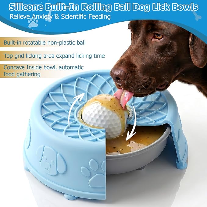 Dog Slow Feeder Lick Bowl with Rolling Ball for Liquid Treats, 2-in-1 Anti-Slip Silicone Dog Licking Bowl for Bone Broth with Suction Cup, Enrichment Lick Sphere Toy for Large Medium Dogs Cats (Blue)