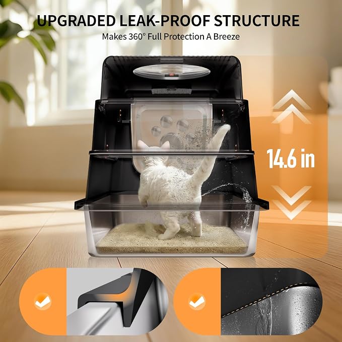 Stainless Steel Cat Litter Box with Lid, Small Enclosed Metal Litter Pan with High Sides, Full Flip Cover Litter Box for Kittens, Include Scoop & Step, Leak Proof Easy Clean Odor Control, Black