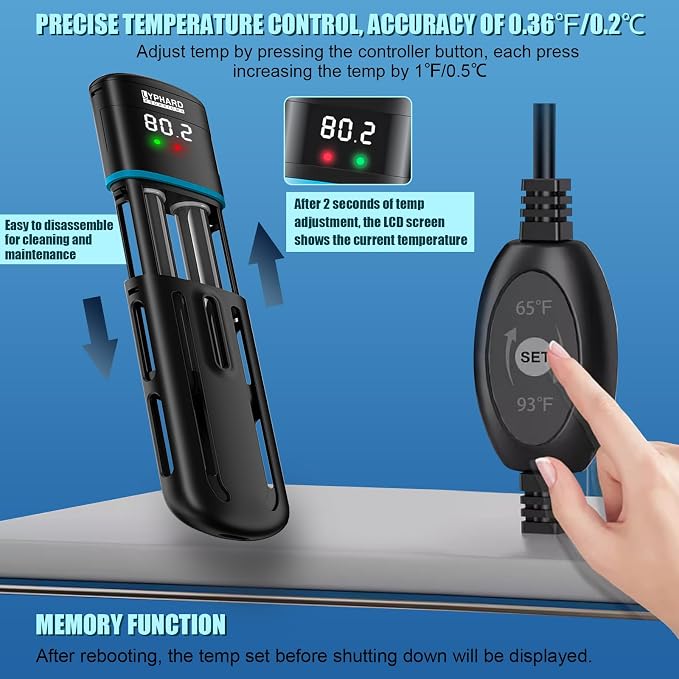 LYPHARD AQUARIUMS Electronic Aquarium Heater, 300W Small Fish Tank Heater, Adjustable Submersible Heater PID Temperature Control with LED Digital, Water Dry Automatic Shut Off for Fresh Seawater