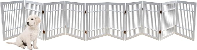 Urnporium Pet Dog Gate Freestanding, Strong Durable Folding Wooden Fence, Portable Acacia Hardwood Safety Barrier for Indoor & Outdoor Use (White Pet Gate, 10 Panel 24" Tall)