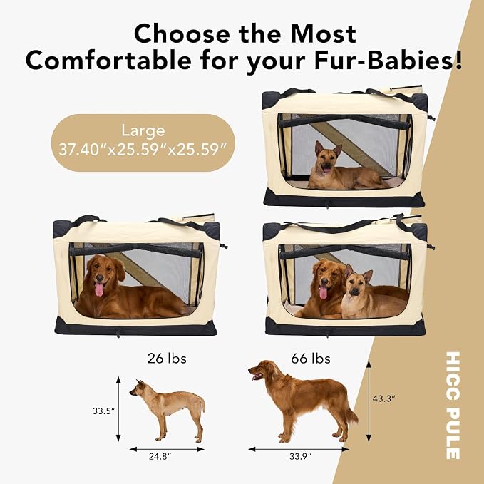 HICC PULE Collapsible Portable Kennel, 36 Inch Large/Medium Dog Kennel, 3-Door Soft-Sided Pet Crate for Indoor/Outdoor, Car Trip, Beige