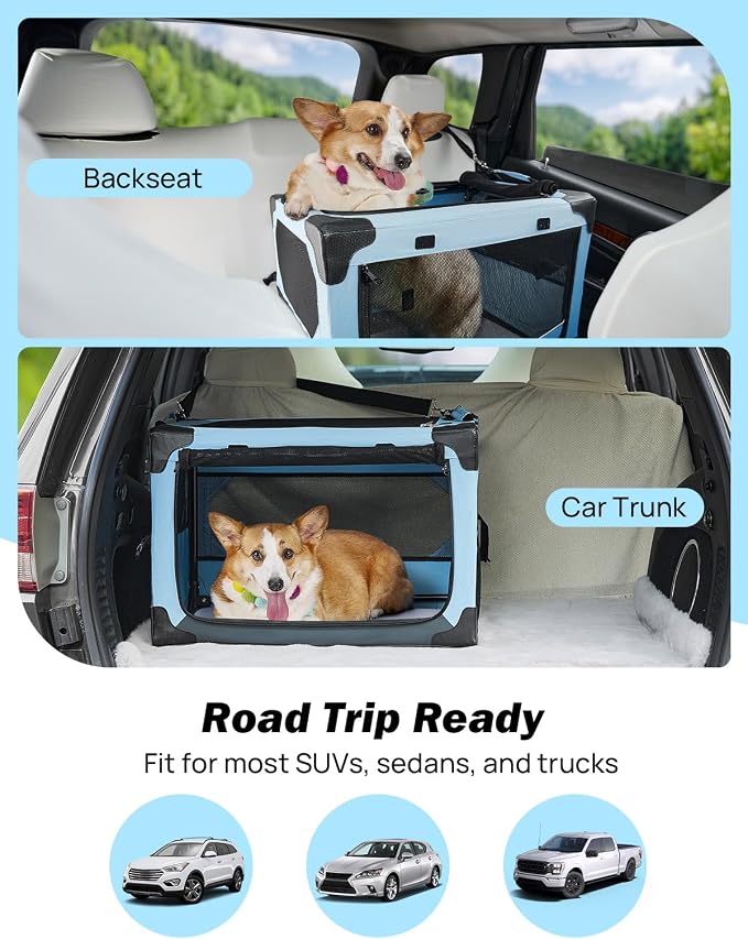 JOYTUTUS 26 Inch Collapsible Dog Crate, Steel Frame 8-Bar Foldable Soft Kennel, Portable Travel Crate for Medium Dog Up to 33lbs, Oxford Cat Carrier Fit for Car Travel Indoor Outdoor