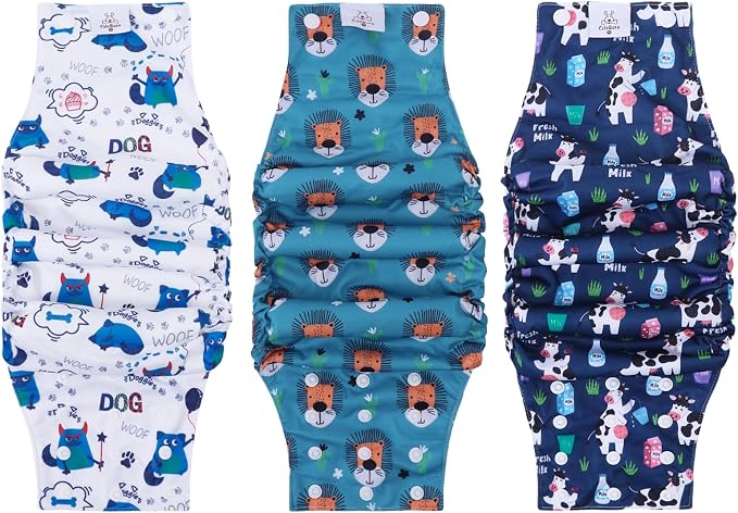 CuteBone Washable Dog Diapers Male with Snaps Reusable 3pcs a Pack Doggie Belly Band for Male Dogs Wraps KDM06S
