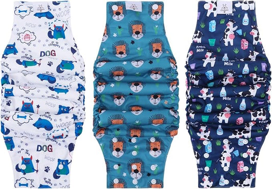 CuteBone Washable Dog Diapers Male with Snaps Reusable 3pcs a Pack Doggie Belly Band for Male Dogs Wraps KDM06XS