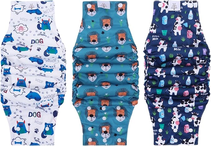 CuteBone Washable Dog Diapers Male with Snaps Reusable 3pcs a Pack Doggie Belly Band for Male Dogs Wraps KDM06L