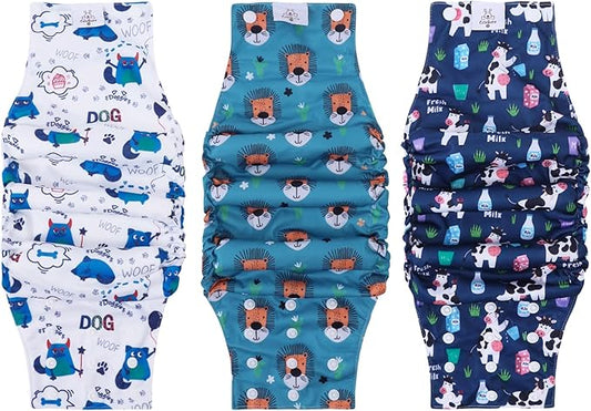CuteBone Washable Dog Diapers Male with Snaps Reusable 3pcs a Pack Doggie Belly Band for Male Dogs Wraps KDM06L