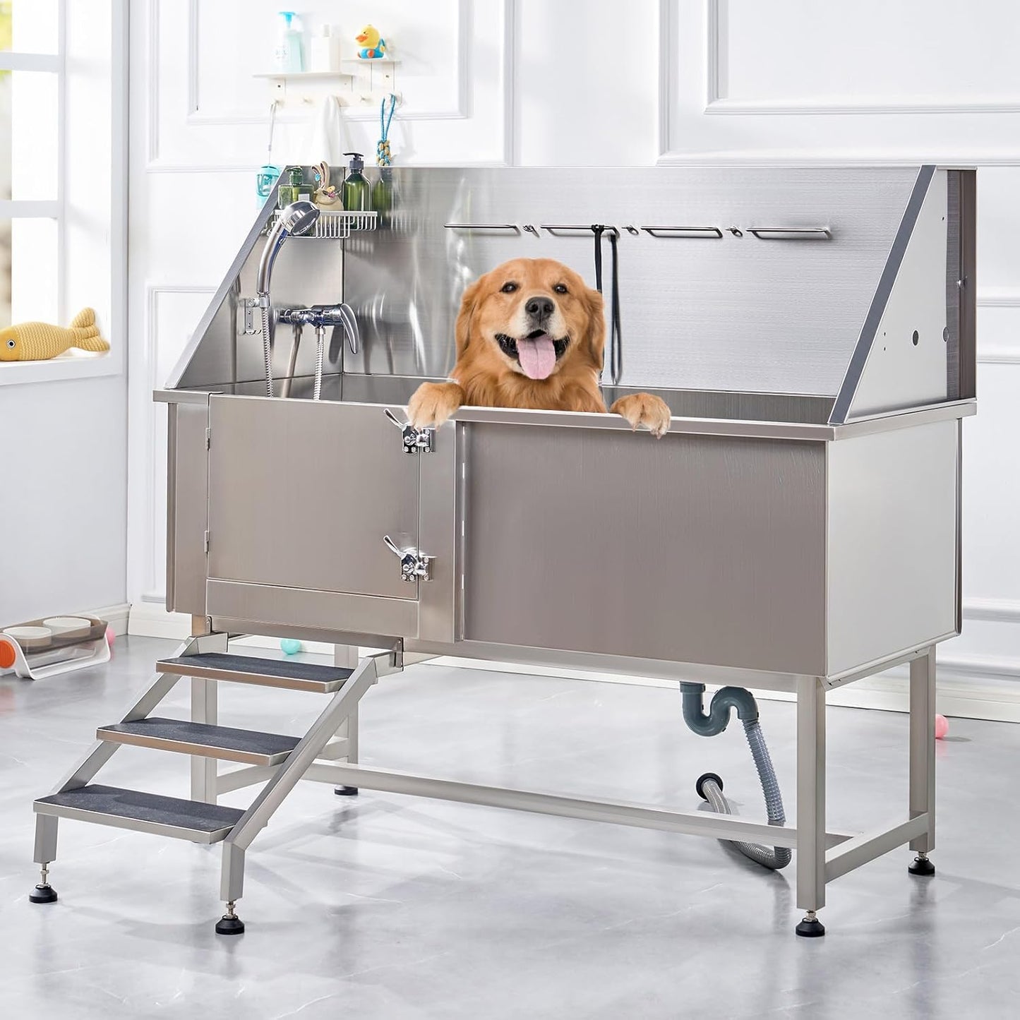 Albott 60 Inch Stainless Steel Dog Washing Station with Anti-Slip Steps, Sprayer, Faucet, Soap Box, Tow Rope – Professional Pet Bathtub for Large Pets, Ideal for Home, Garage, and Grooming(Left)