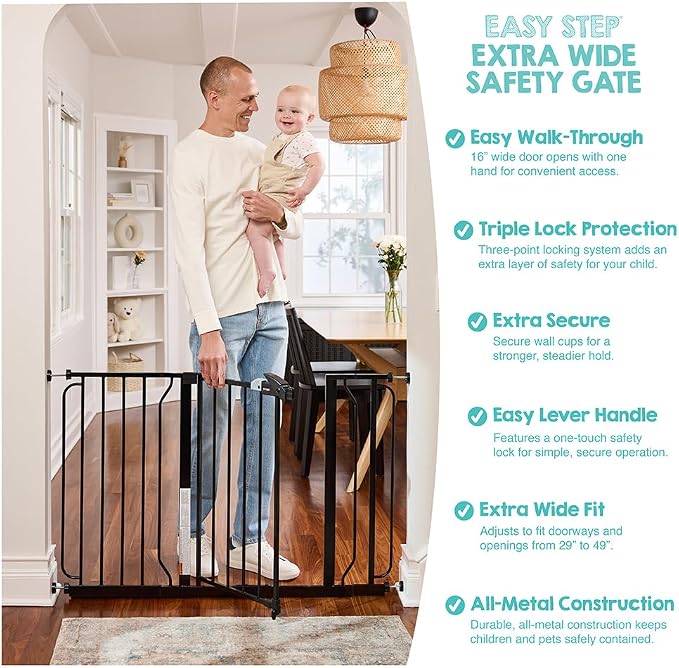 Regalo Safety 29-49" Easy Step Extra Wide Baby Gate for Doorways & Bottom of Stairs, Pressure Mounted Safety Gate with Door for Babies, Toddlers & Pets, Black