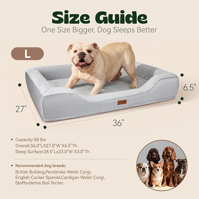 Cooling Dog Beds for Medium Large Dogs with Removable Covers Washable,Rectangle Orthopedic Bed Sofa with Cool Gel Memory Foam and Egg Crate Foam Waterproof fit Old Large Sized Pets,36"x24"x6.5" Grey