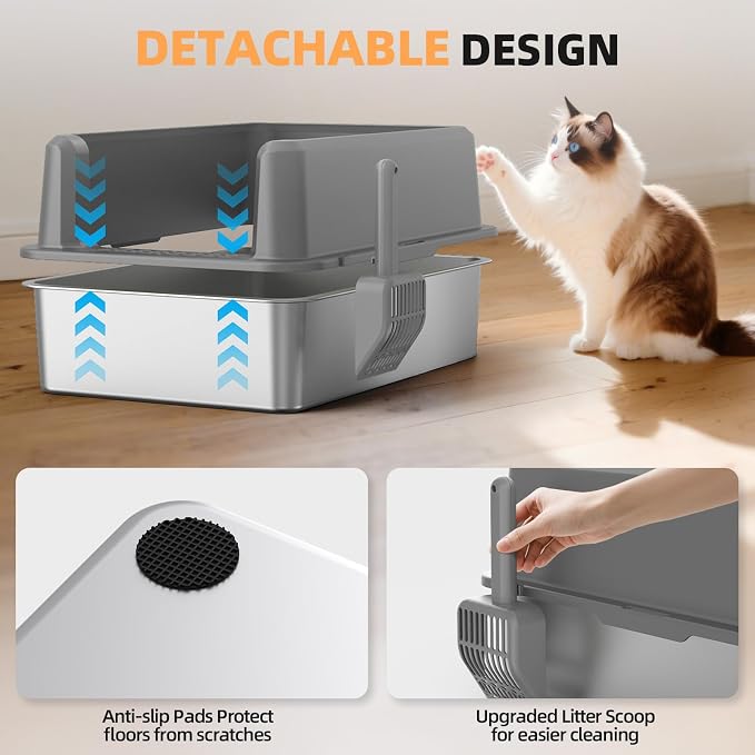 WoofiGo Enclosed Stainless Steel Cat Litter Box with Lid, XL Extra Large Litter Box for Big Cats, Metal Litter Pan High Sided, Never Absorbs Odors, Anti-Urine Leakage, Include Scoop (65-LightGray)