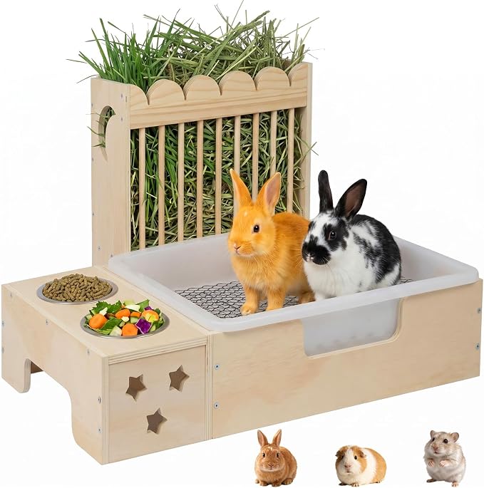 Upgraded 3‑in‑1 Wooden Rabbit Hay Feeder and Litter Box Combo | Extra Large, Mess‑Proof Hay Rack, Easy Clean, Stainless Steel Bowls, Small Pet Feeding Station