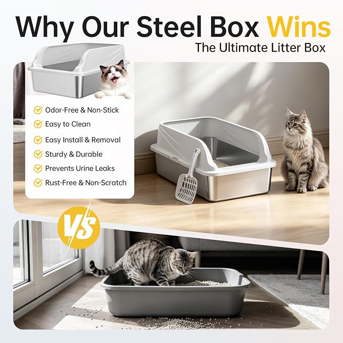 Stainless Steel XL Cat Litter Box for Cats, High-Sided Design Prevents Urine Leakage, Non-Stick, Easy to Clean, Includes Scoop, Gray L